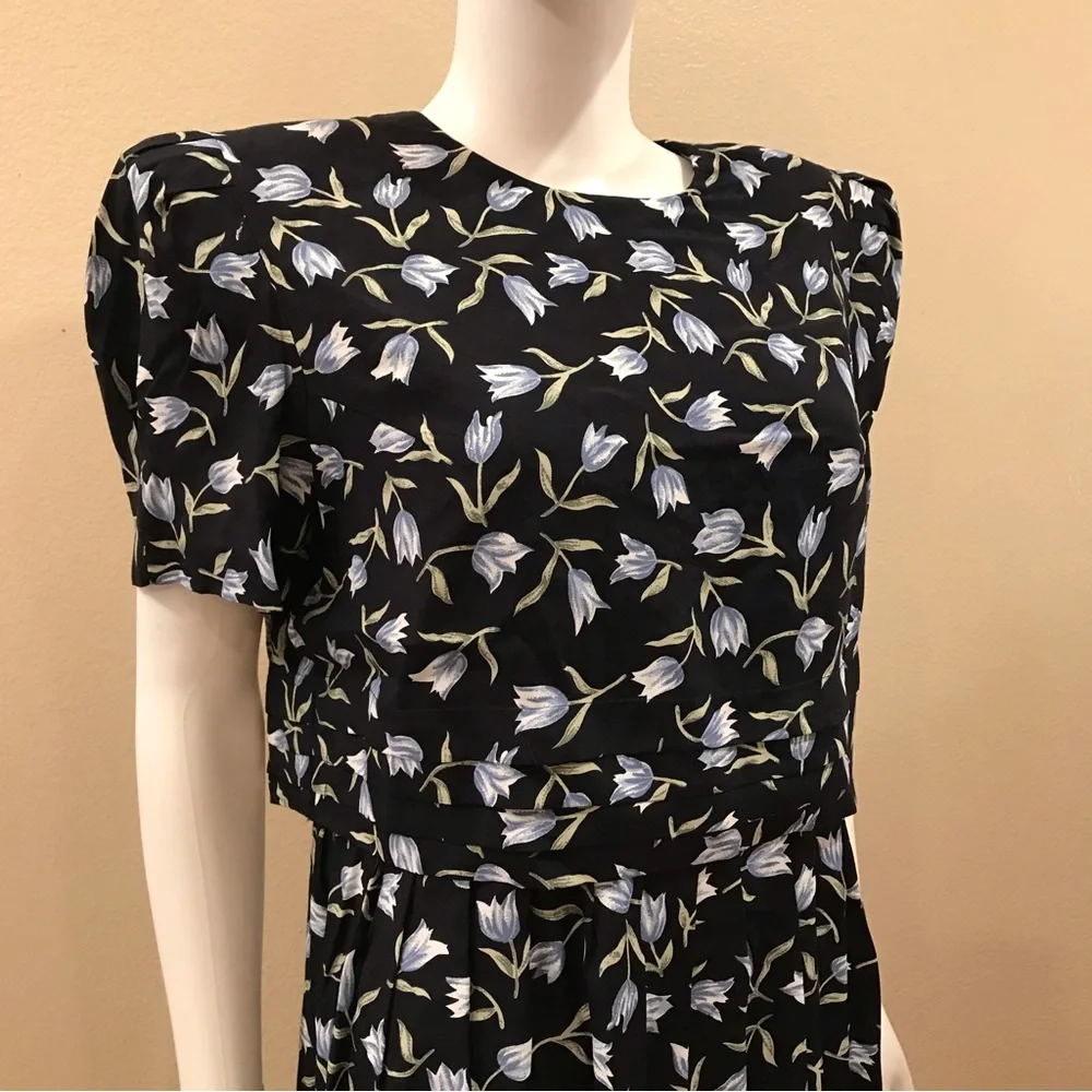 Vintage 90s Worthington Floral Dress NEW Size 14 Navy Blue Tulips Short Sleeve - Picture 2 of 15